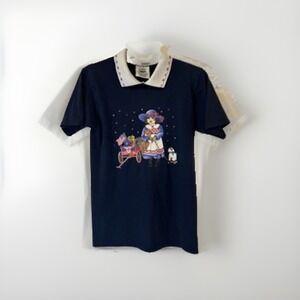 Gopher Sport  Grannycore Tee Shirt Womens PM Patriotic Cottagecore Navy Blue Vtg
